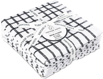 Vintage Vista 100% Cotton Dish Cloths (Pack of 6) - Dish Rags for Washing Dishes - Reusable & Highly Absorbent Kitchen Towels - Kitchen Rags for Christmas - (12" x 12" - Black Checkered)