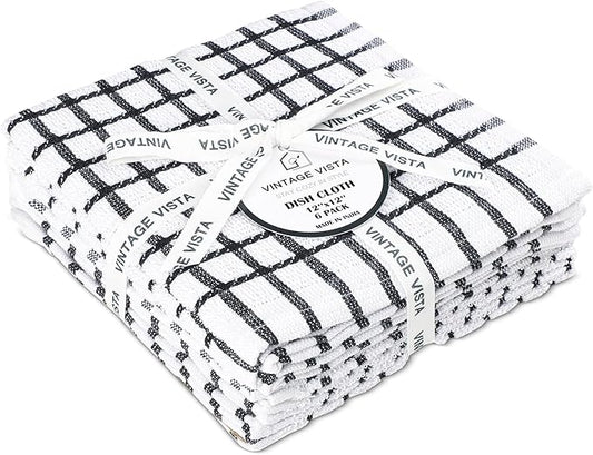 Vintage Vista 100% Cotton Dish Cloths (Pack of 6) - Dish Rags for Washing Dishes - Reusable & Highly Absorbent Kitchen Towels - Kitchen Rags for Christmas - (12" x 12" - Black Checkered)