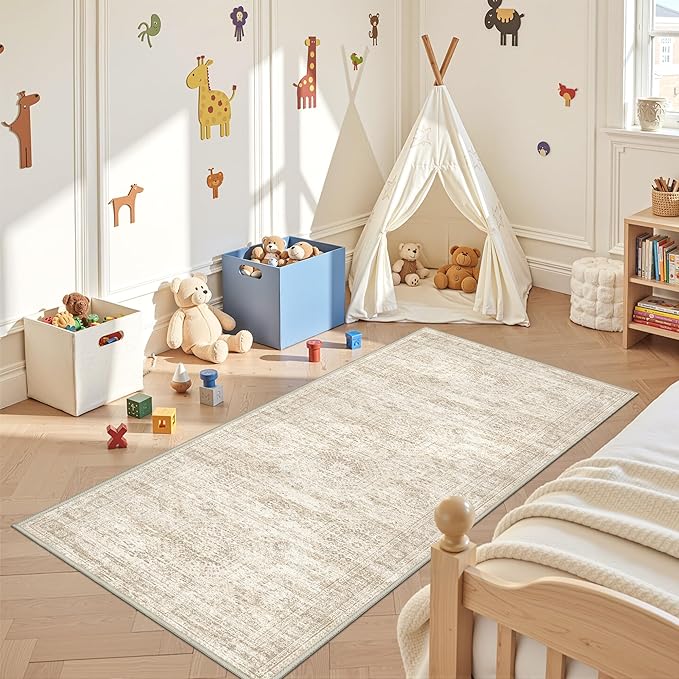 3x8 Runner Rug Non Slip Washable for Entryway, Vintage Hallway Runner for Front Porch, Laundry Room, Bedroom, Abstract Stain Resistant Thin Indoor Kitchen Mats for Floor(3'x8', Beige/Ivory)