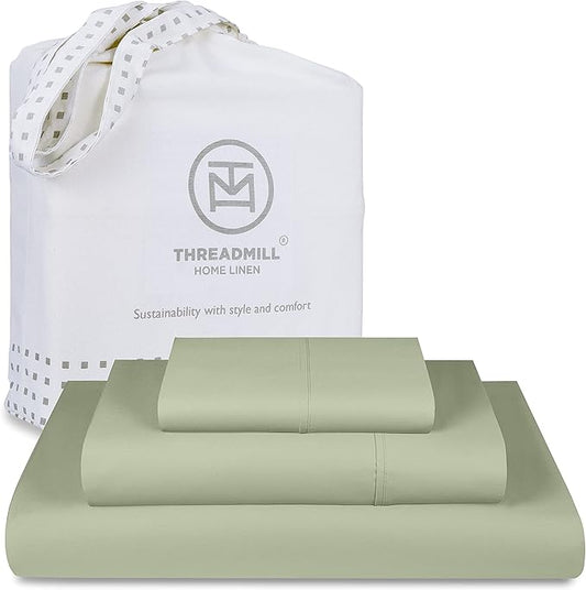 Threadmill Twin XL Sheet Sets | 100% Supima Cotton Sheets for Twin XL Mattress | Solid Sateen Twin XL Bed Sheets Set with 16” Deep Pocket | Soft Breathable 3-Piece Cooling Sheet Set| Sage Green Sheets