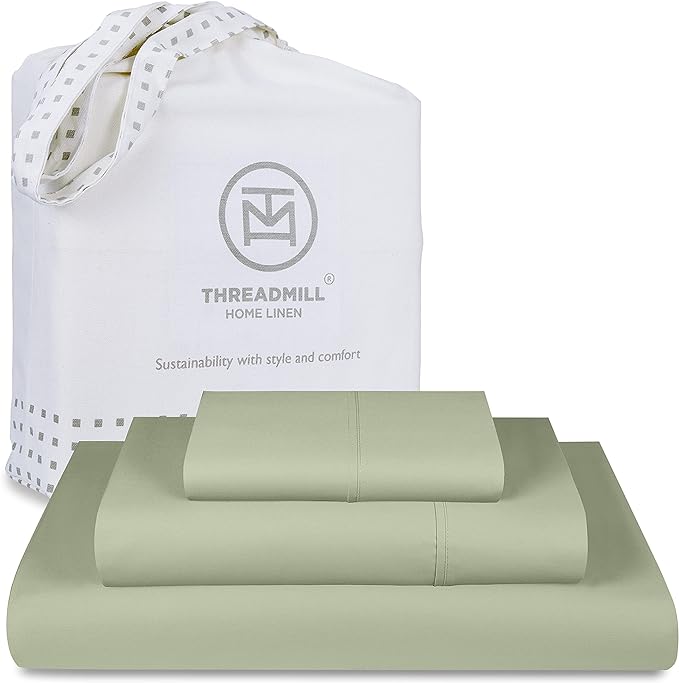 Threadmill Twin Sheet Set | 656 Thread Count 100% Supima Cotton Sheets for Twin Mattress | Solid Sateen Twin Bed Sheets Set with 16” Deep Pocket| Soft Breathable 3-Piece Cooling Sheet Set | Sage Green