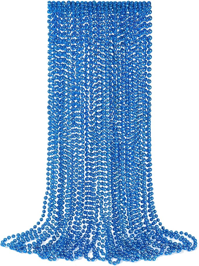YAXINRUI 12 PCS Blue Bead Necklaces, Mardi Gras Christmas Bead Necklaces, Blue Patriotic Necklace, 33 Inch Round Beaded Necklaces for Mardi Gras Christmas 4th of July Festive Events