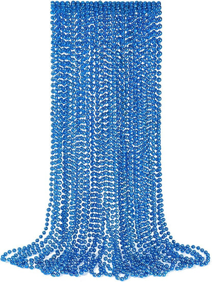 YAXINRUI 12 PCS Blue Bead Necklaces, Mardi Gras Christmas Bead Necklaces, Blue Patriotic Necklace, 33 Inch Round Beaded Necklaces for Mardi Gras Christmas 4th of July Festive Events