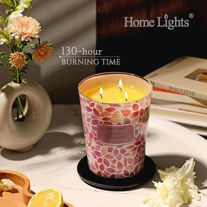 HomeLights Scented Candles | Large Jar 34 Oz Natural Soy Candle | 130 hrs Long-Lasting with 3 Wicks | Bohemian Natural for Home Decor | Gifts for Mom & Women, Coral Paradise