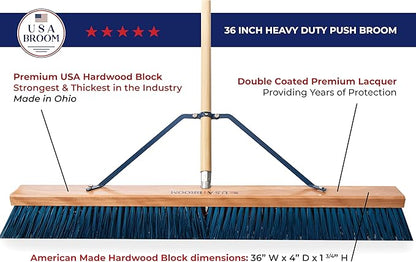 36" Heavy Duty Outdoor Push Broom with 60" Handle. Ideal for Ashpalt, Concrete & Heavy Debris. Durable American Made Steel Brackets-Stainless Steel Hardware. No Plastic. 100% Made in The USA.