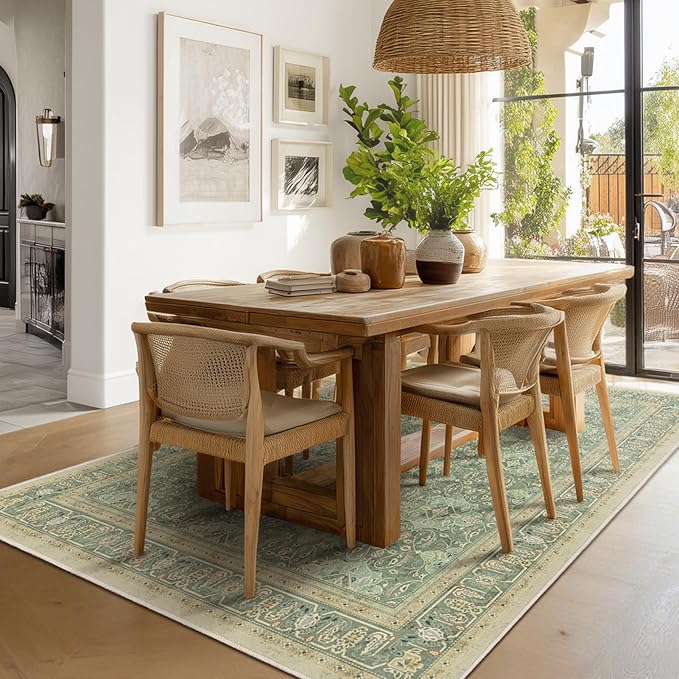 Sage Green Area Rug 5x7, Non Slip Washable Rugs for Living Room Bedroom Low Pile Thin Soft, Boho Floral Moroccan Pattern Printed Carpet Rug for Nursery Playroom Dining Room Home Office