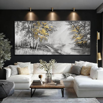 SOUGUAN Grey and Gold Canvas Wall Art Tree Wall Decor Modern Posters 32"x70" Large Decoration Living Room Pictures for Bedroom Office