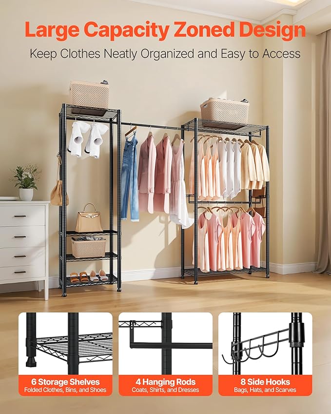 VEVOR Clothing Garment Rack, Heavy Duty Closet Wardrobe, Adjustable Tiers Clothes Racks with Steel Frame, for Bedroom, Clothing Store, Hallway