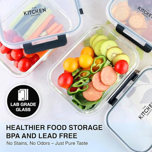 KITCHEN SHOPPE 24-Piece Glass Food Storage Containers with Hinged Lock Lids | Airtight Containers for Meal Prep, Lunch or Leftovers | Oven/Freezer & Dishwasher Safe | Glass Tupperware Set
