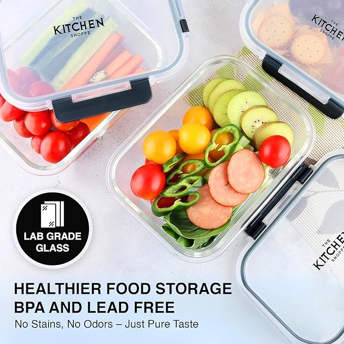 KITCHEN SHOPPE 24-Piece Glass Food Storage Containers with Hinged Lock Lids | Airtight Containers for Meal Prep, Lunch or Leftovers | Oven/Freezer & Dishwasher Safe | Glass Tupperware Set