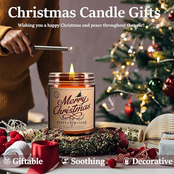 Christmas Gifts for Women & Men - Lavender Eucalyptus Scented Candles 7oz, Natural Soy Wax for Home Aromatherapy, Christmas Candles Gifts for Women
