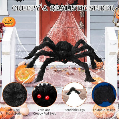 275" Halloween Triangle Spider Web and 59" Giant Spider Decorations Set with Stretch Cobweb - Halloween Party Supplies for Indoor Home Yard Patio Garden Haunted House Decor