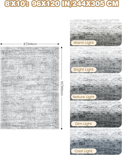 8x10 Area Rugs for Living Room, Non-Slip Backing Large Washable Rug for Nursery Room, Vintage Abstract Bedroom Rugs, Thin Indoor Home Decor Soft Farmhouse Rug (8'x10', Grey/Ivory)
