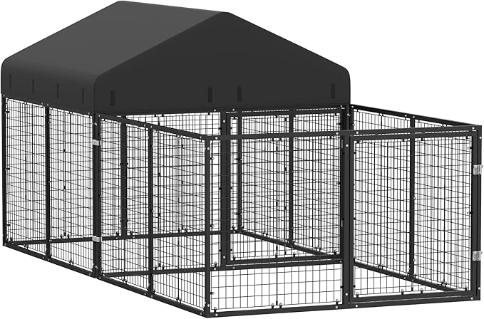 Dog Kennel with Dog Fence for Medium/Small Dogs Anti-Rust Coating Cage with Roof All Weather Resistant Dog House with Double Locks