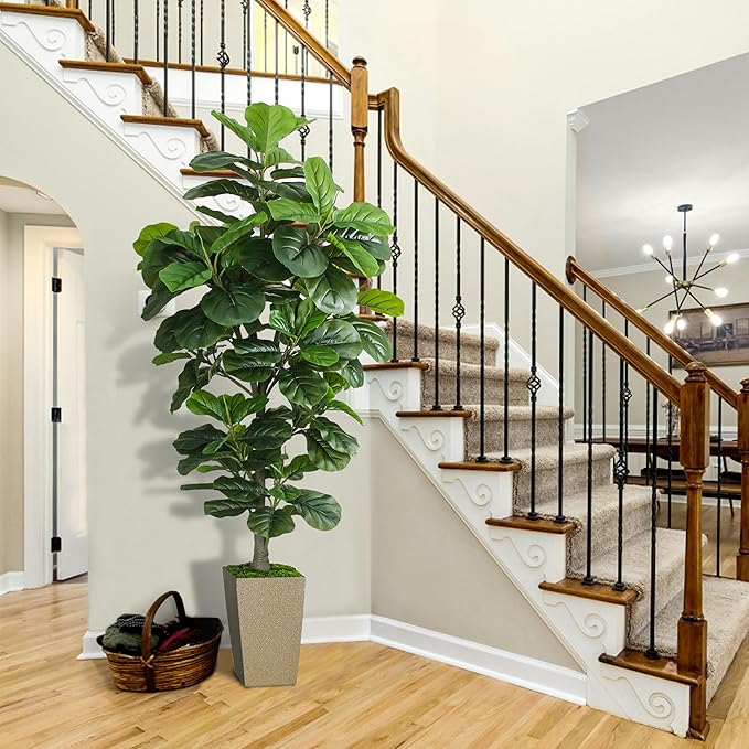 Artificial Fiddle Leaf Fig Tree 6ft, 6 Feet Large Tall Fake Plants Indoor with Modern Style Planter, Artificial Silk Tree for Home Office Living Room Decor Indoor, Lifelike & Lush (Champagne)