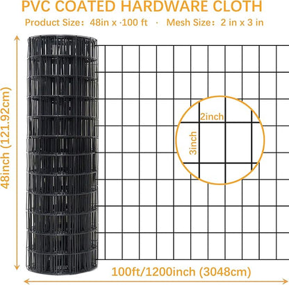 Black Metal Garden Fence, 48inch(H) x 100ft(L), 2 inch x 3 inch,14GA 2/3/4/5/6 Ft Tall Chicken Wire PVC Coated Welded Wire Mesh Roll for Dogs Border Yard Vegetable Plant Protection Poultry Netting