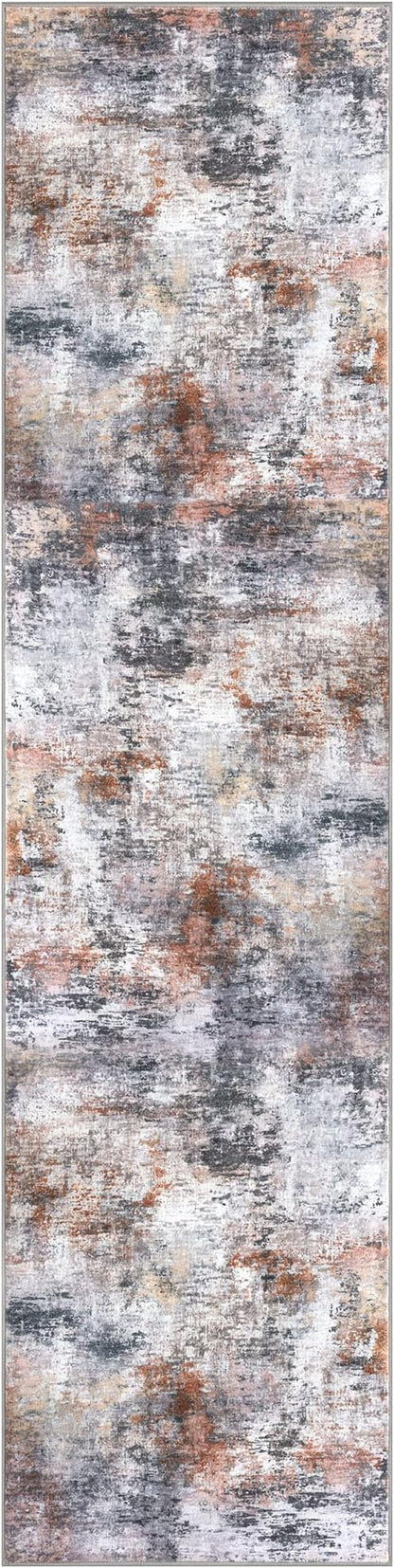 Modern Abstract Hallway Runner Rug, Grey Orange Multi 2x8 Runner Rug, Washable Kitchen Runner Non-Slip Soft Thin Print Faux Wool Carpet for Entryway Bedroom Laundry Room Indoor