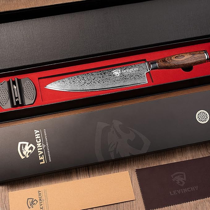 Damascus Chef's Knife 8 inch Professional Handmade Damascus Stainless Steel Kitchen Knife, Superb Edge Retention, Stain & Corrosion Resistant, Ergonomic PAKKA Wood Handle