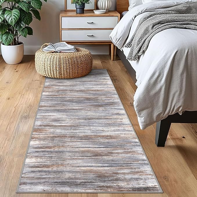 KOZYFLY Modern Abstract Kitchen Runner Rug, 2x6 Washable Rug Runner Non-Slip Soft Striped Hallway Runner Rugs, Grey Brown Print Carpet Runner for Entryway Bathroom Laundry Room Foyer