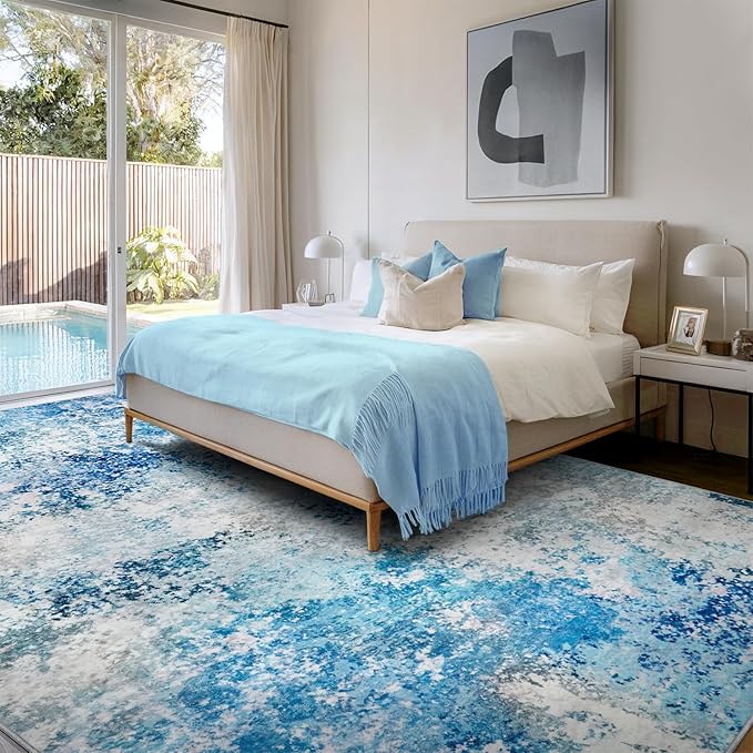 10x14 Area Rugs Living Room Rug - Washable Neutral Modern Abstract Large No Slip Soft Thin Rug Indoor Floor Carpet for Bedroom Under Dining Table Home Office Nursery Room - Blue White