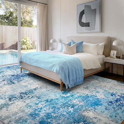 10x14 Area Rugs Living Room Rug - Washable Neutral Modern Abstract Large No Slip Soft Thin Rug Indoor Floor Carpet for Bedroom Under Dining Table Home Office Nursery Room - Blue White
