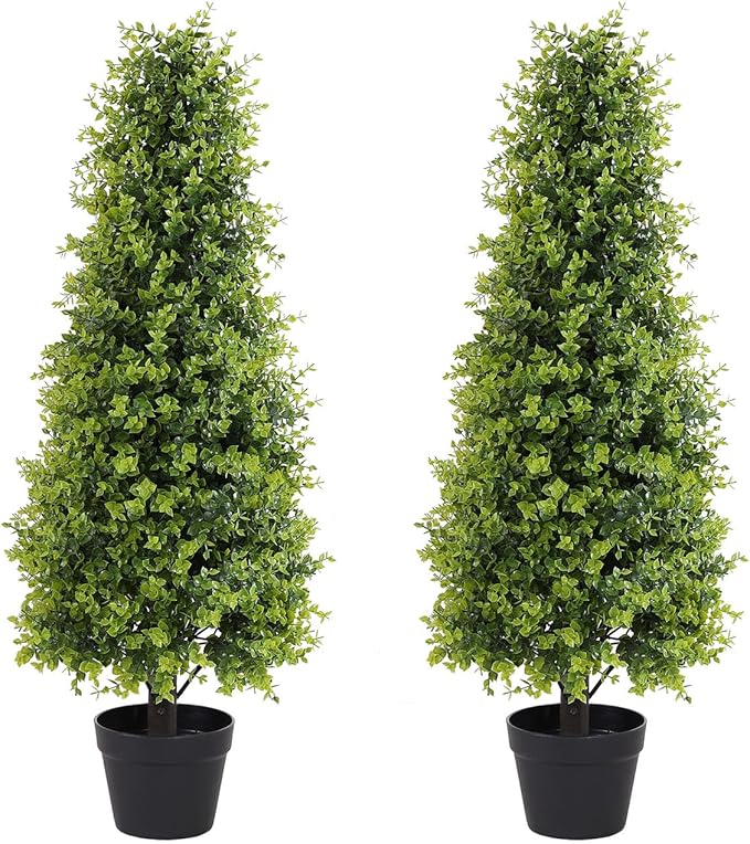 3ft Artificial Boxwood Topiary Trees, Set of 2 – UV Resistant Faux Evergreen Shrubs and Bushes for Outdoor Planters, Realistic Fake Plants for Front Porch Outside Patio Yard, 3 Foot Tall