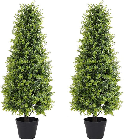 3ft Artificial Boxwood Topiary Trees, Set of 2 – UV Resistant Faux Evergreen Shrubs and Bushes for Outdoor Planters, Realistic Fake Plants for Front Porch Outside Patio Yard, 3 Foot Tall