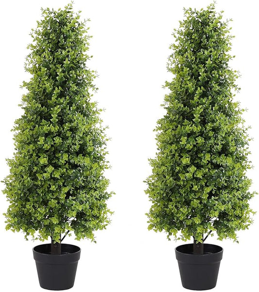 3ft Artificial Boxwood Topiary Trees, Set of 2 – UV Resistant Faux Evergreen Shrubs and Bushes for Outdoor Planters, Realistic Fake Plants for Front Porch Outside Patio Yard, 3 Foot Tall