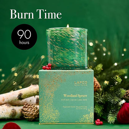 LAFCO New York Holiday Signature Candle, Woodland Spruce - 15.5 oz - 90-Hour Burn Time - Reusable, Hand Blown Glass Vessel - Made in The USA