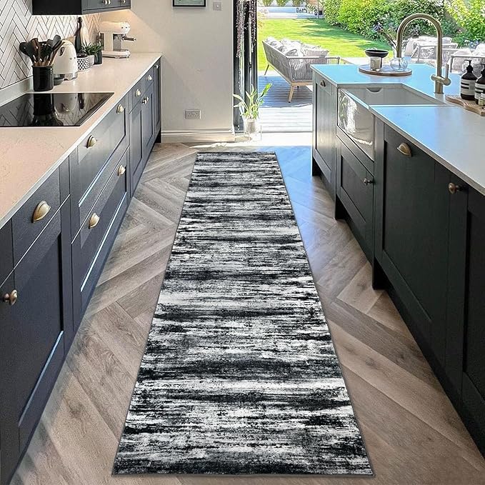 KOZYFLY Modern Abstract Kitchen Runner Rug, 2x10 Washable Rug Runner Non-Slip Soft Striped Hallway Runner Rugs, Black Navy Blue Grey Carpet Runner for Entryway Bathroom Laundry Room Foyer