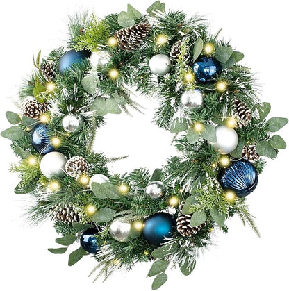 WANNA-CUL Pre-Lit 30 Inch Large Christmas Wreath for Front Door with 50 Led Lights, Silver Blue Lighted Christmas Door Wreath Decor with Ball Ornaments,Pine Cones, Battery Operated