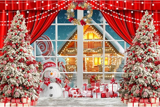 YongFoto Merry Christmas Backdrop 5x3ft Snowman Window View Snowy Town Xmas Tree Photography Background 2026 New Year Family Winter Holiday Party Banner Portrait Photoshoot Wallpaper Photo Booth