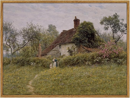 InSimSea Framed Canvas Wall Art Vintage Decor, Landscape Art Prints, Old Cottages Countryside Paintings Wall Decor, Rustic Farmhouse Picture for Bedroom Living Room Bathroom, 12"x16"