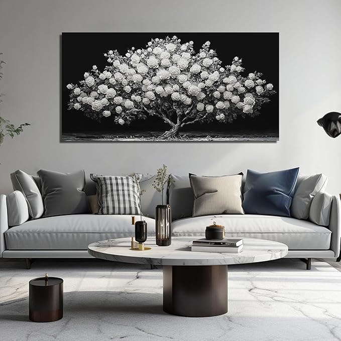 JuhaiArt Tree Painting Canvas Bedroom Black Poster Floral Wall Decor White Rose Wall Picture for Living Room Home Office 29"x 59"