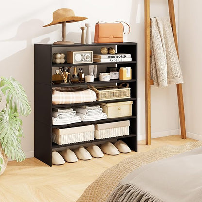 COSTWAY 6-Tier Shoe Rack, Extra Wide Shoe Shelf Organizer with Stackable Design, 31" Freestanding Adjustable Storage Shoe Stand for Small Space Entryway Hallway Closet (1,Black)