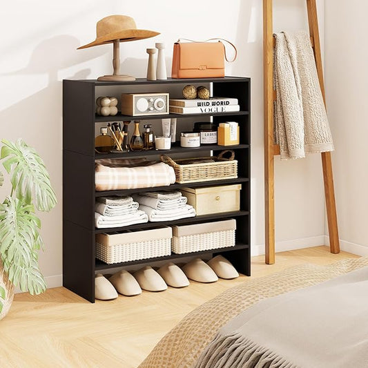 COSTWAY 6-Tier Shoe Rack, Extra Wide Shoe Shelf Organizer with Stackable Design, 31" Freestanding Adjustable Storage Shoe Stand for Small Space Entryway Hallway Closet (2,Black)