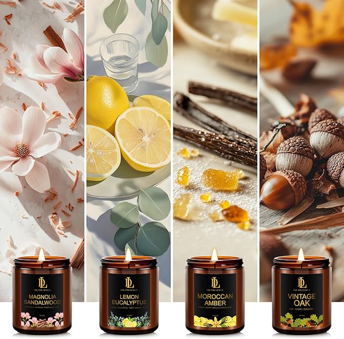 Valentine's Day Candles Gifts for Women Men, Scented Candle Set, Holiday Candle Gifts, 4Pack 28oz Soy Candles, Scents of Lemon Eucalyptus/Moroccan Amber/Magnolia & Sandalwood/Vintage Oak