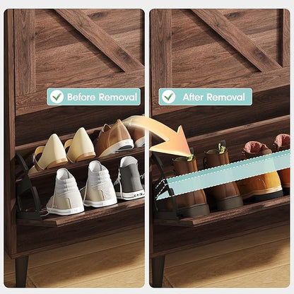 Vabches Shoe Storage Cabinet with 2 Flip Drawers,Freestanding Narrow Shoe Organizer with Open Storage,Hidden Slim Shoe Rack Cabinet for Entryway,Dark Walnut (2 Pack)