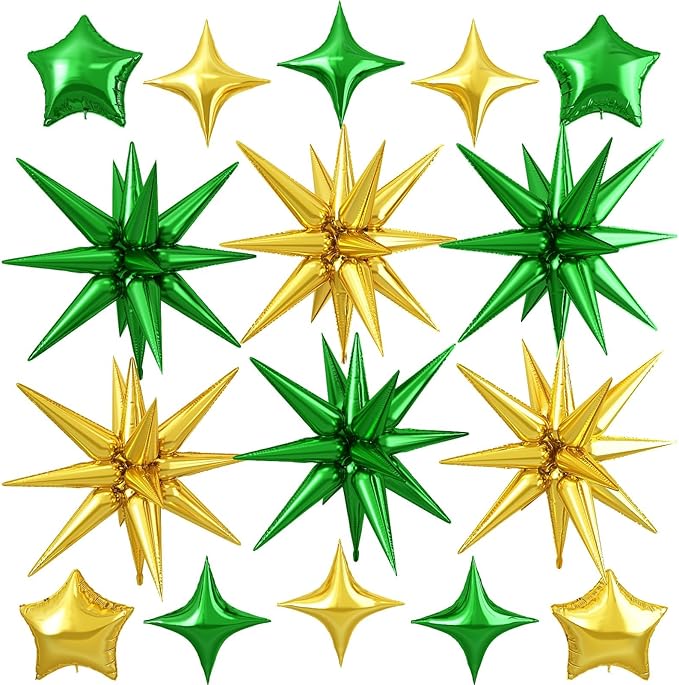 Gold Green Star Balloon,16Pcs Star Foil Balloons Set with 22Inch Explosion Spike Cone Balloons and 10Inch Quadrangle Helium Balloon for Birthday Wedding Baby Shower Party Decorations