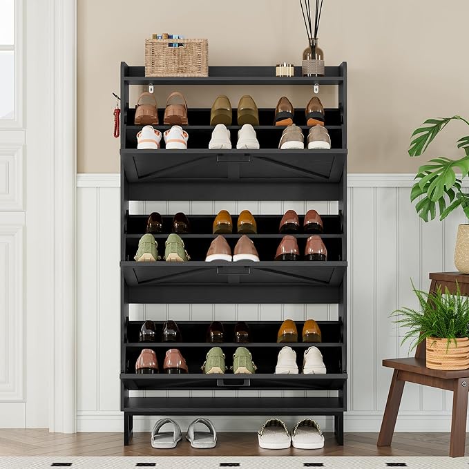 Shoe Cabinet with 3 Flip Drawers Narrow Shoe Storage Cabinet Organizer Wooden Freestanding Shoe Rack Hidden Slim Shoes Storage Cabinet for Entryway, Hallway, Living Room, Bedroom