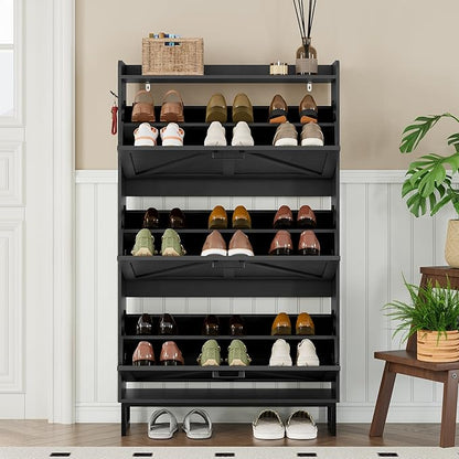 Shoe Cabinet with 3 Flip Drawers Narrow Shoe Storage Cabinet Organizer Wooden Freestanding Shoe Rack Hidden Slim Shoes Storage Cabinet for Entryway, Hallway, Living Room, Bedroom