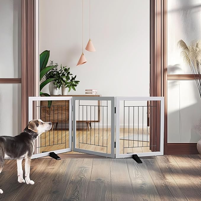 ZJSF Freestanding Dog Gate Indoor, Foldable Dog Fence for Doorways,Hallways or Stairs, Sturdy Wood Extra Wide Pet Gate with Support Feet,Grey,24 "Height-3 Panels