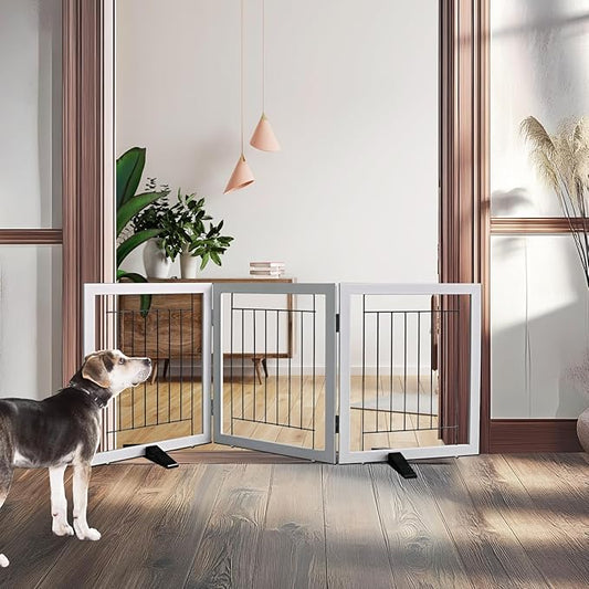 ZJSF Freestanding Dog Gate Indoor, Foldable Dog Fence for Doorways,Hallways or Stairs, Sturdy Wood Extra Wide Pet Gate with Support Feet,Grey,24 "Height-3 Panels