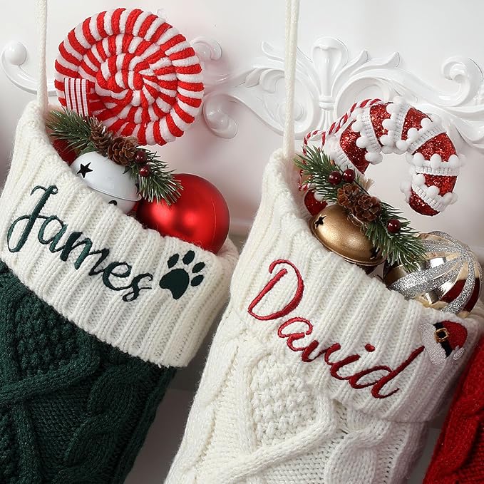 Personalized Christmas Stockings,Custom Embroidered Name+Logo Xmas Knitted Stockings 18'',Holiday and Family Stocking for Fireplace Christmas Holiday Party Decoration 1-6Pack（White Grey）