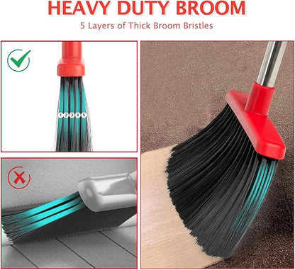 Broom and Dustpan Set with Long Handle, Heavy Dust Broom and Dustpan Combo for Home，Kitchen, Office, Pet Hair (Black Red)