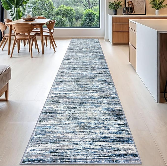 Modern Abstract Runner Rug 2.6x16, Grey Blue White Washable Long Kitchen Runner Non-Slip Soft Hallway Rug Runner Thin Print Faux Wool Carpet for Entryway Bedroom Laundry Room Indoor Home Decor