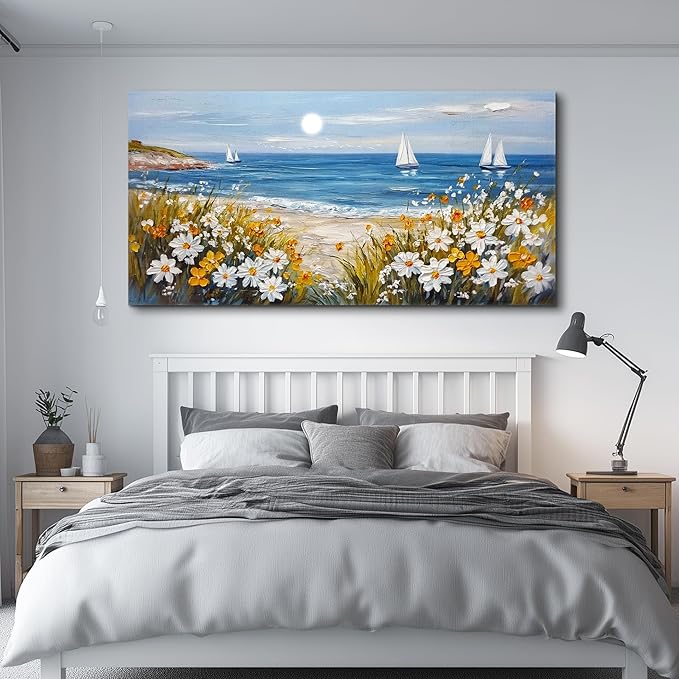 KELIYUAN Wall Art For Dining Room Kitchen Blue Ocean Beach Art Pictures Living Room Decor Vintage Landscape Painting Modern Canvas Print Suitable For Bedroom Office Farmhouse Wall Decor 24x48 In