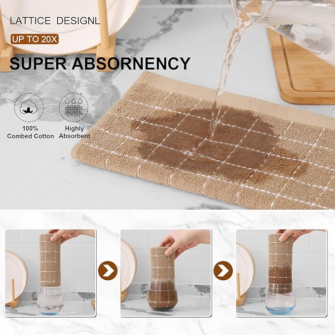 Mordimy 100% Cotton Terry Cloth Kitchen Towels, Super Soft and Absorbent Dish Towels for Drying, Checkered Designed Hand Towels for Kitchen, 16 x 26 Inches, 4 Pack, Tan