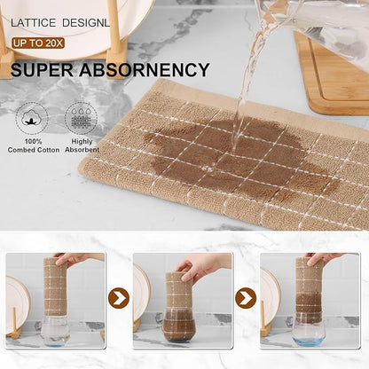 Mordimy 100% Cotton Terry Cloth Kitchen Towels, Super Soft and Absorbent Dish Towels for Drying, Checkered Designed Hand Towels for Kitchen, 16 x 26 Inches, 4 Pack, Tan