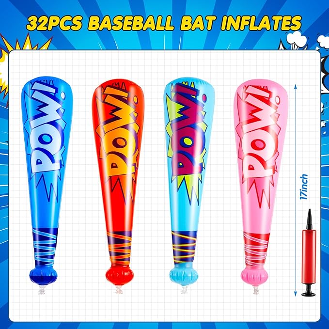 Seematn 32 Pcs Pow Inflatable Baseball Bats 17 Inch Inflatable Blow up Bats for Kids Carnival Game Prizes Bulk Baseball Party Favors Carnival Hero Sports Prizes (Blue,Dark Blue,Pink,Red)